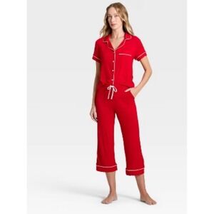 Women's Cloud Knit Modal Short Sleeve Notch Collar Top and Cropped Pant Red XXL